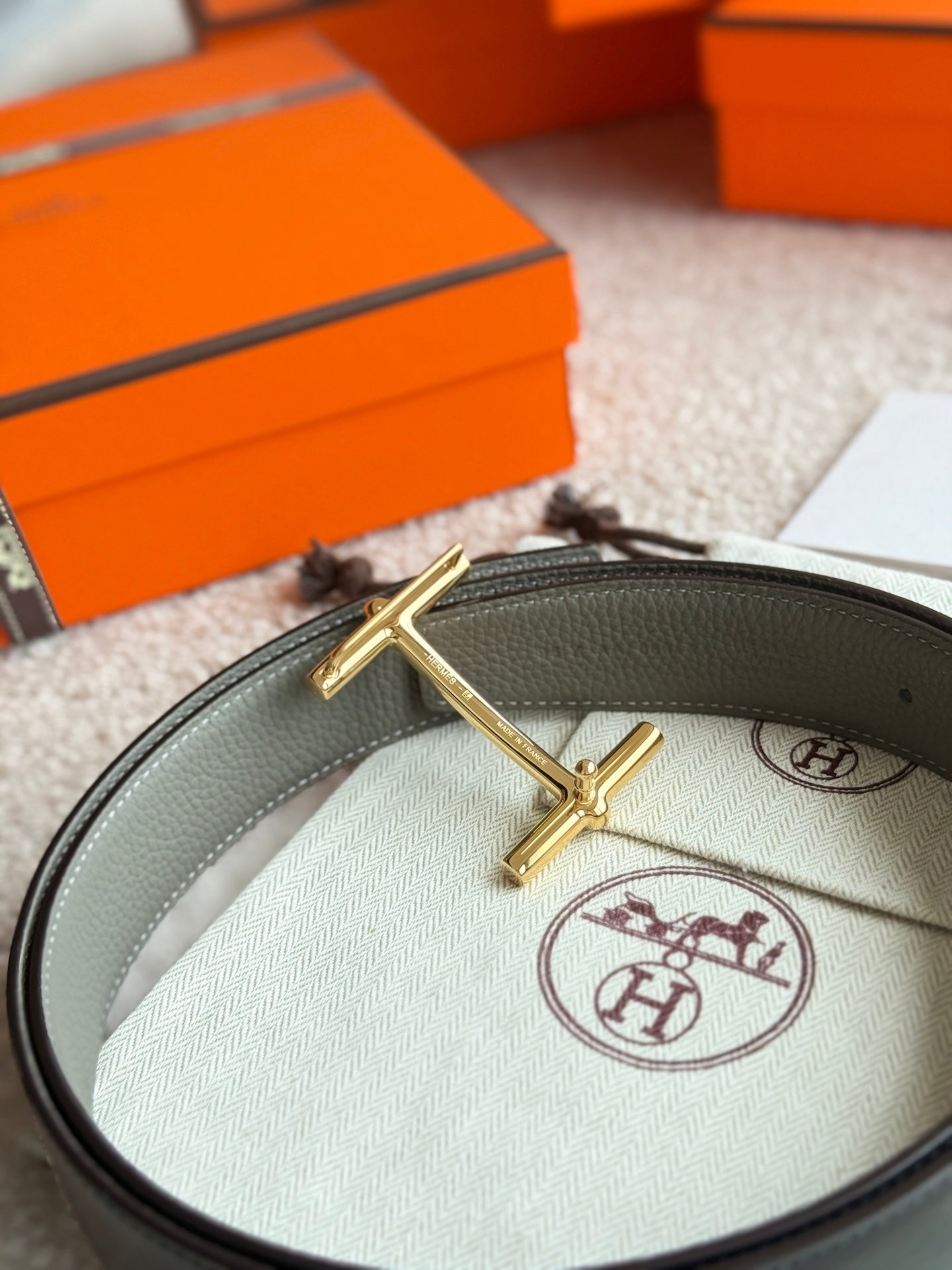 HM Gold H d'Ancre Belt Meyer Gray Leather 187774