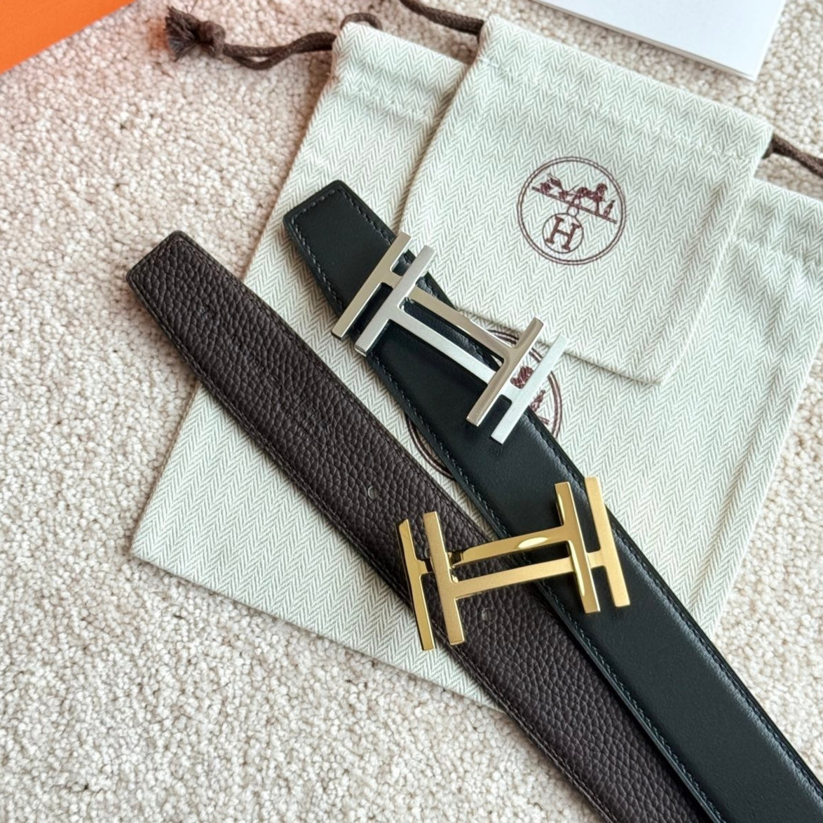 HM H au Carre Buckle Belt 32mm Black Chocolate Leather 187769