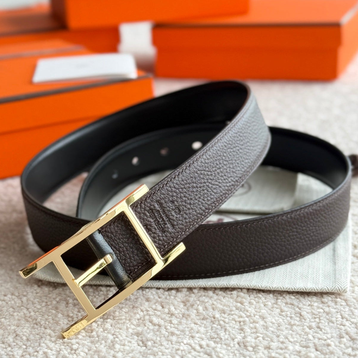 HM Gold Quentin Reversible 32mm Belt Black Chocolate Leather 188090