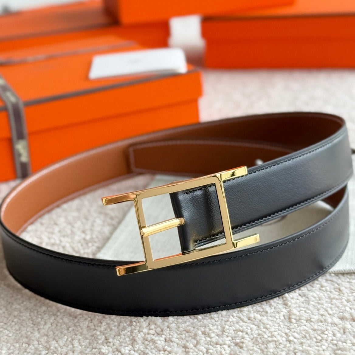 HM Gold Quentin Reversible 32mm Belt Black Brown Leather 188088