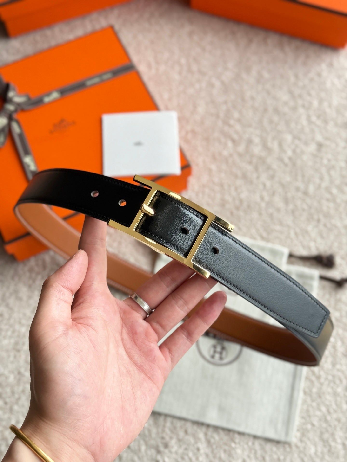 HM Gold Quentin Reversible 32mm Belt Black Brown Leather 188088