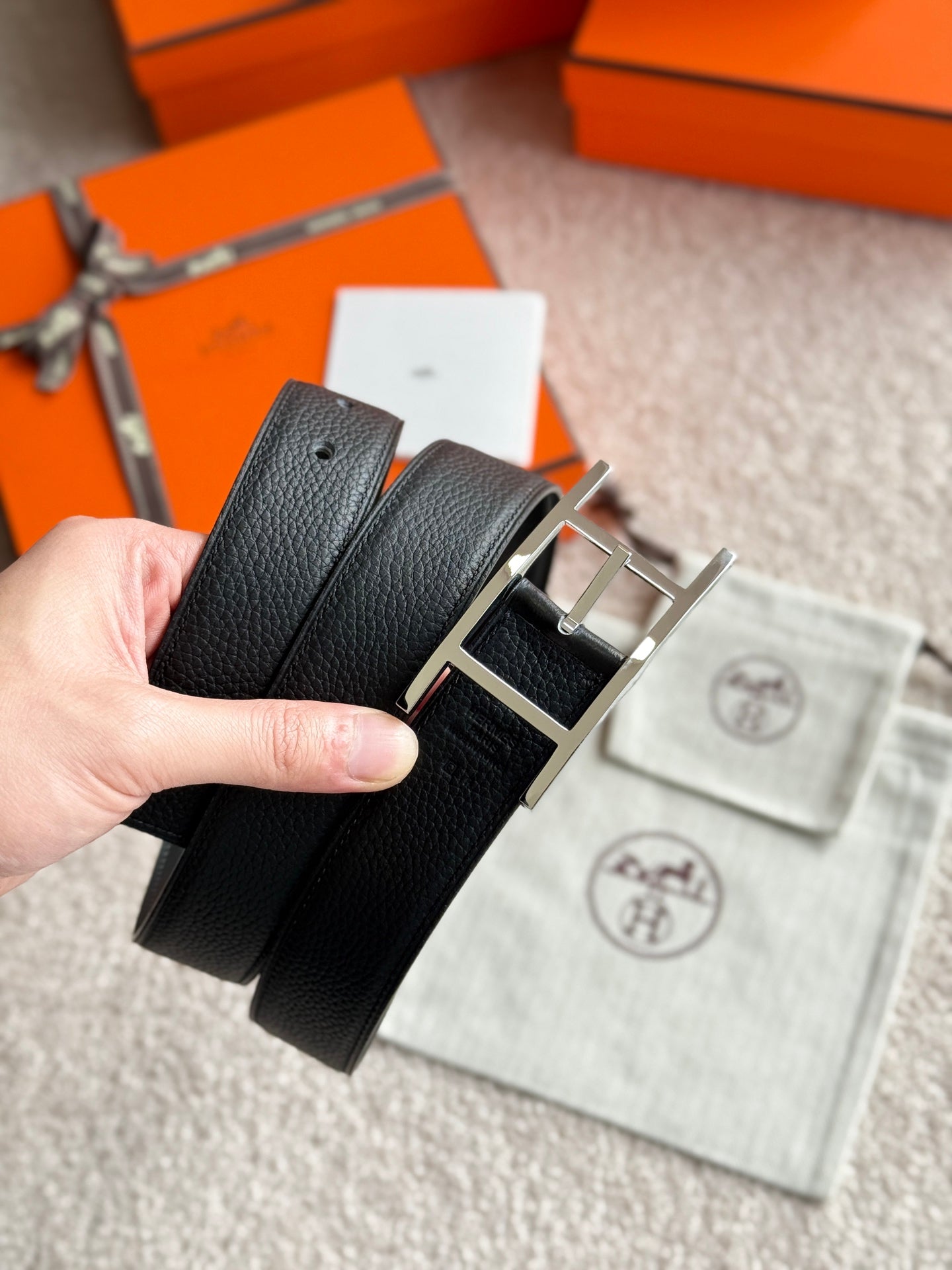 HM Silver Quentin Reversible 32mm Belt Black Leather 188086