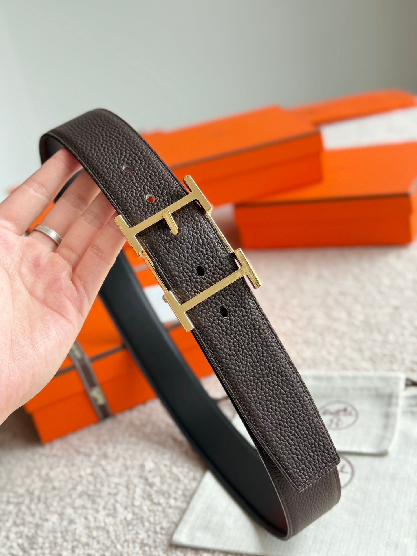 HM Gold Hadrien Reversible 38mm Belt Black Chocolate Leather 188080