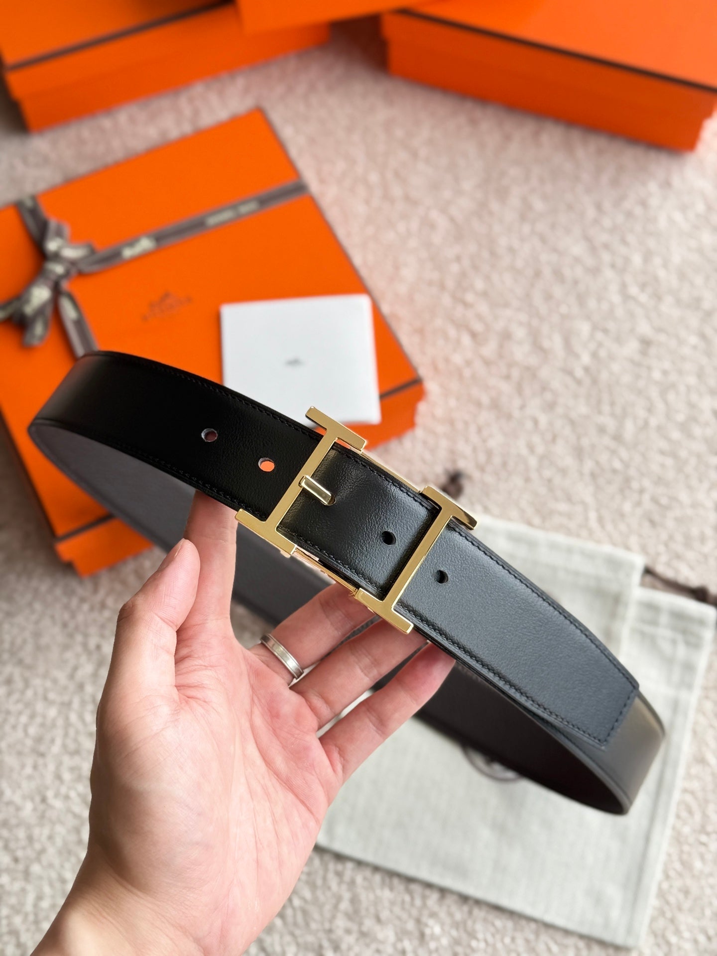 HM Gold Hadrien Reversible 38mm Belt Black Chocolate Leather 188080