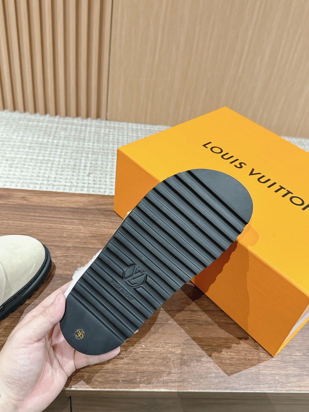 LV Cosy Flat Comfort Clog Beige Fur Lining Suede