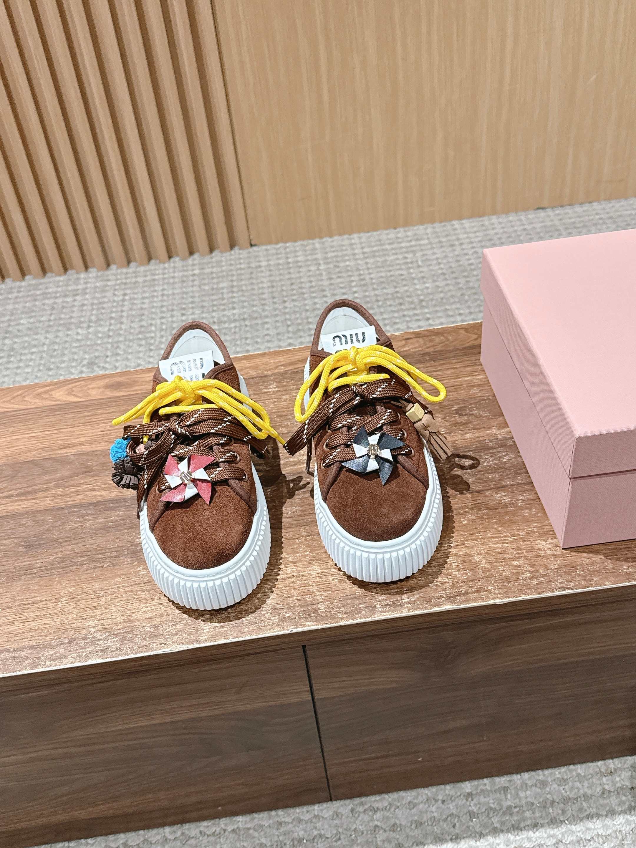 Miumiu 25 Platform Sneakers Brown Yellow Suede Wool 553691