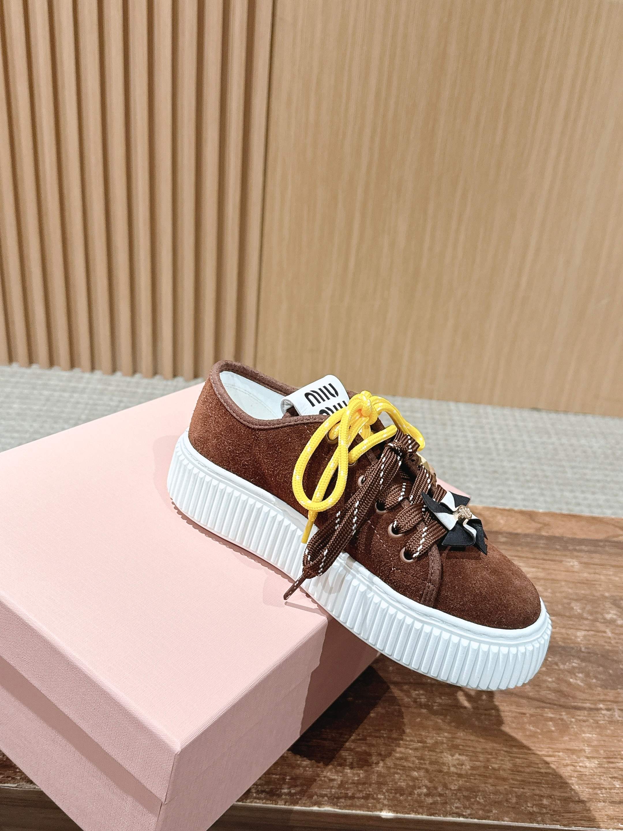 Miumiu 25 Platform Sneakers Brown Yellow Suede Wool 553691