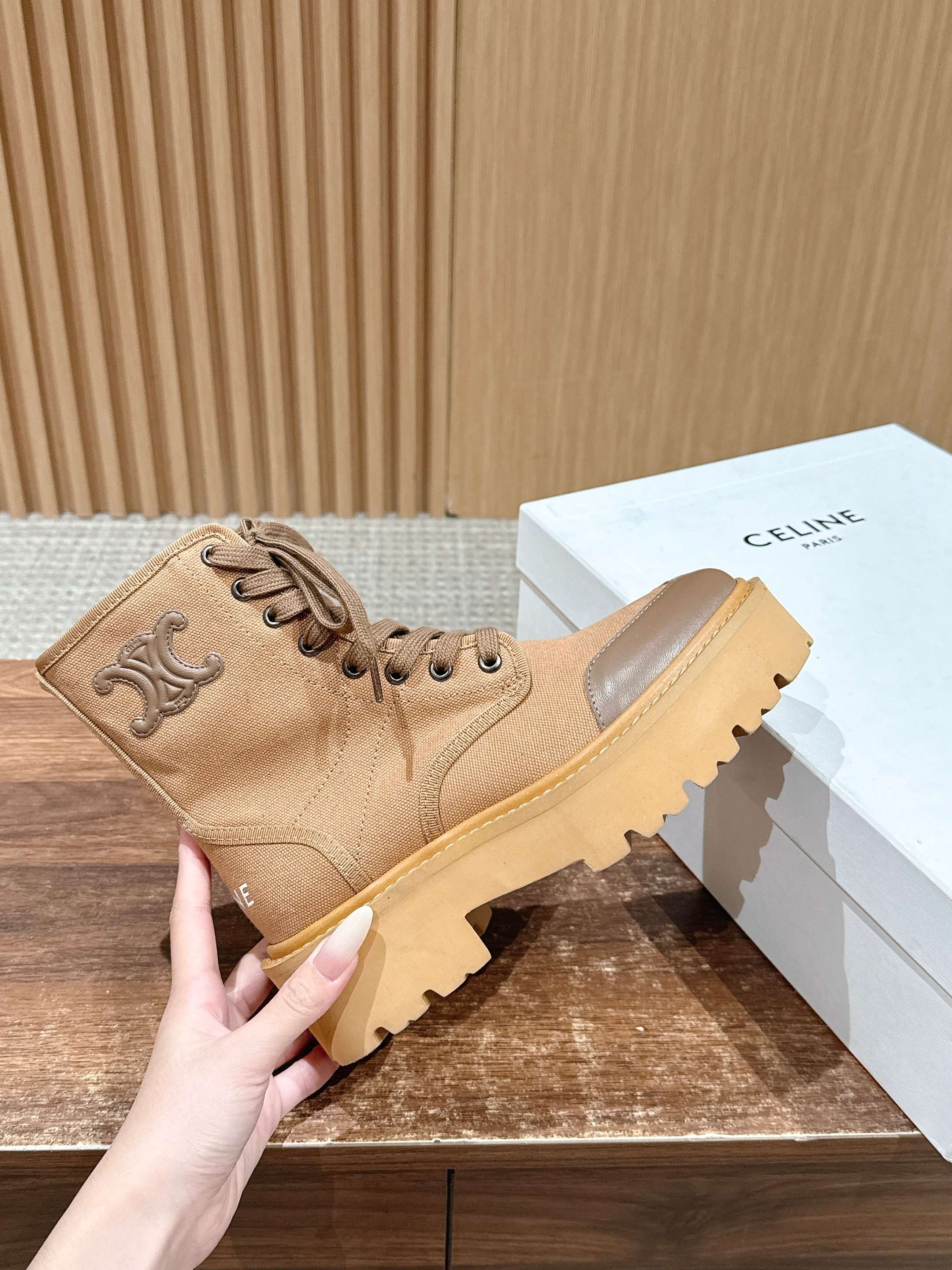 Celine 25 Bulky Lace-up Boot Tan Canvas Calfskin 554014