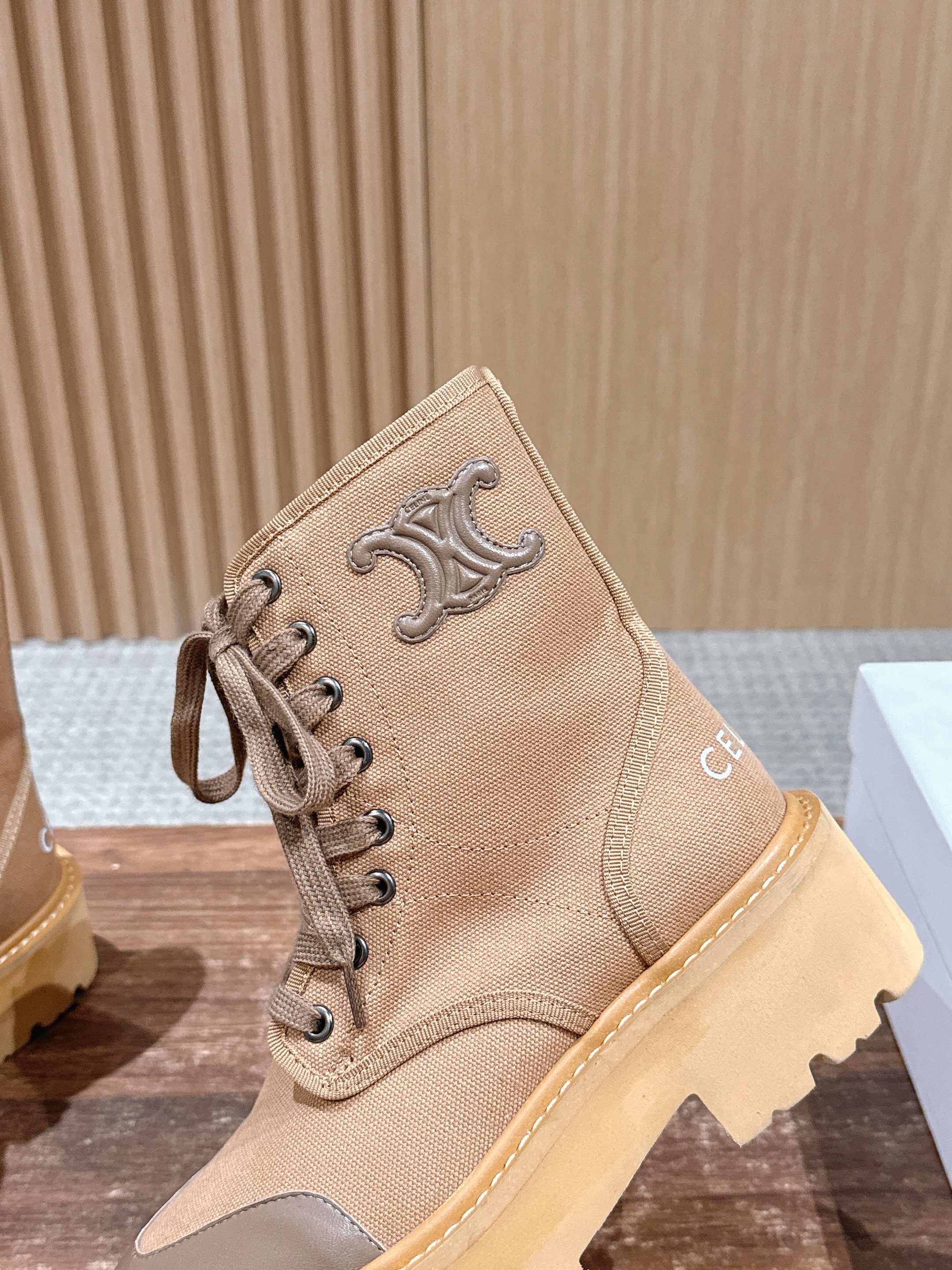 Celine 25 Bulky Lace-up Boot Tan Canvas Calfskin 554014