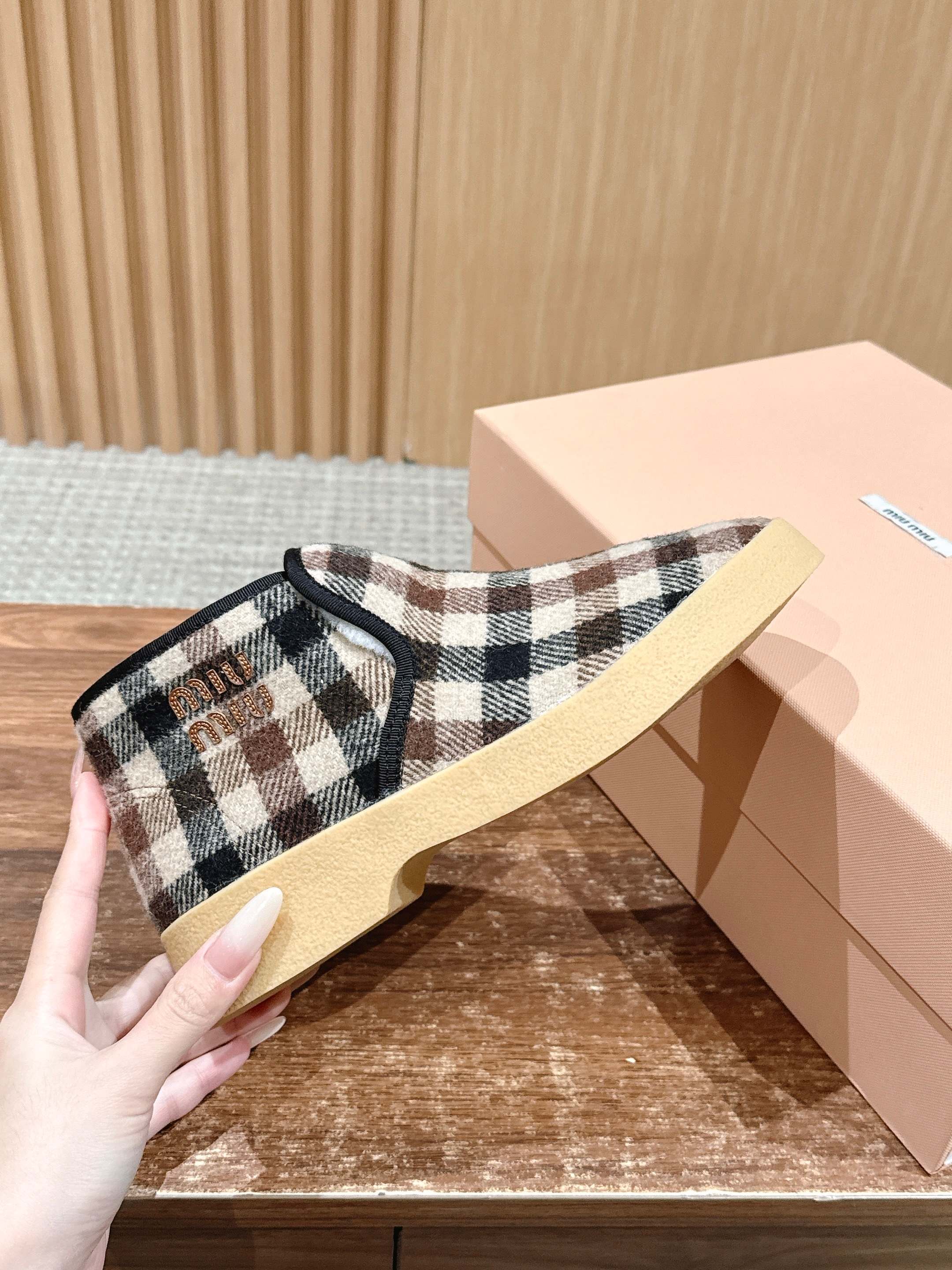 Miumiu 25 Plaid Slip-on Boot Black Brown Mix White Suede Wool 553702