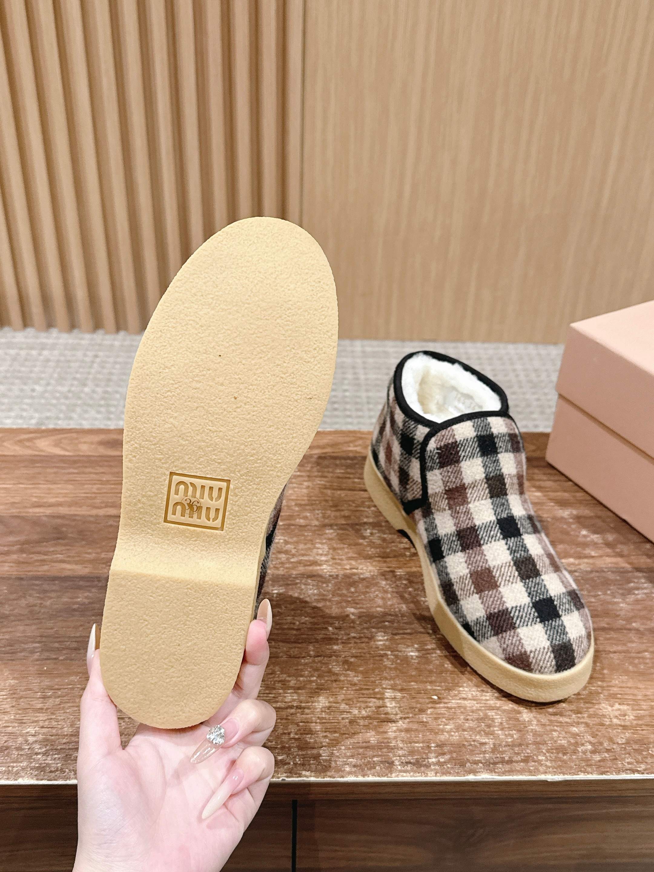 Miumiu 25 Plaid Slip-on Boot Black Brown Mix White Suede Wool 553702