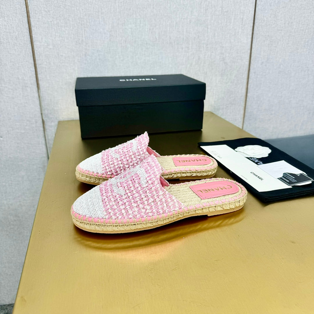 espadrilles mule pink white tweed cotton white sequin