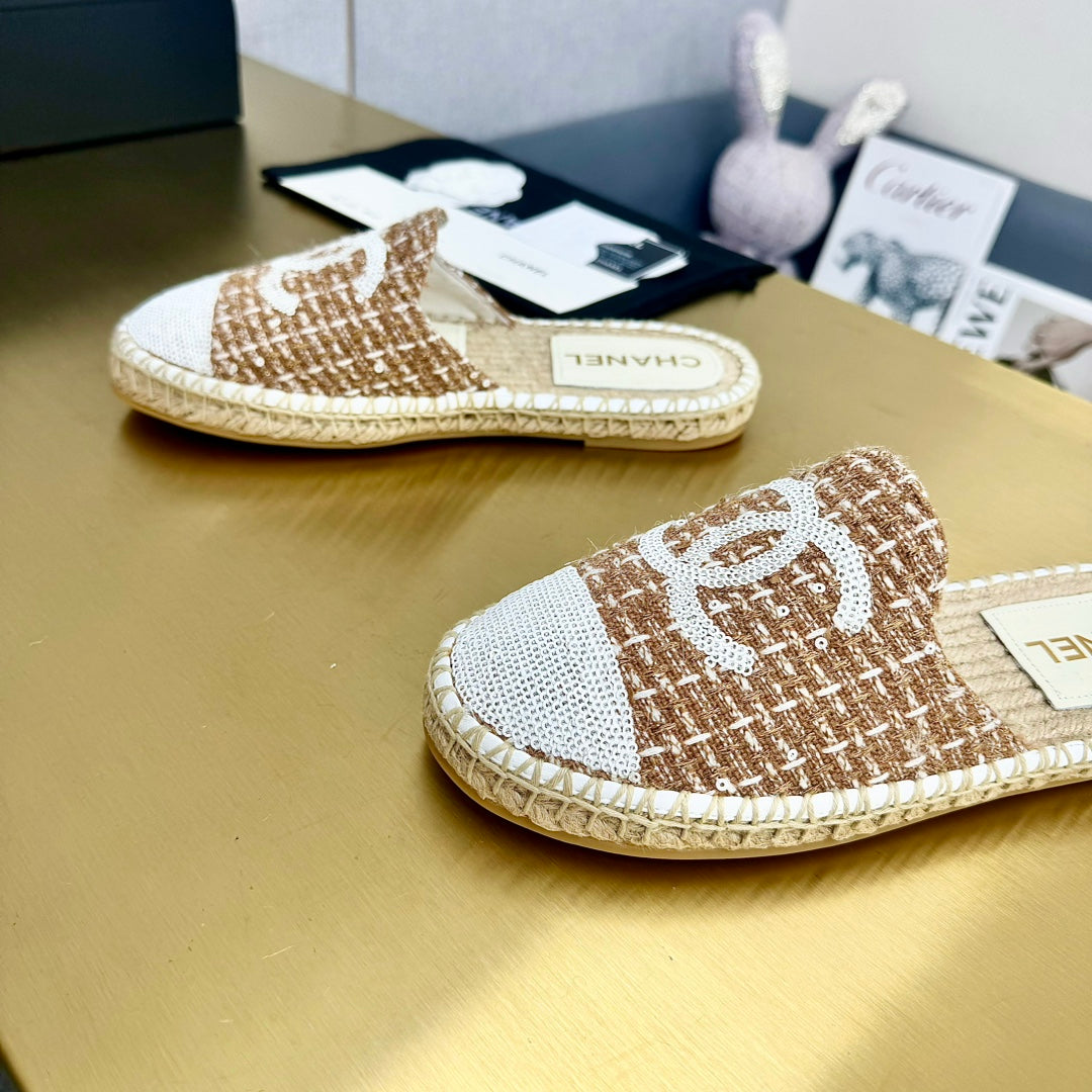 espadrilles mule brown wool white sequin