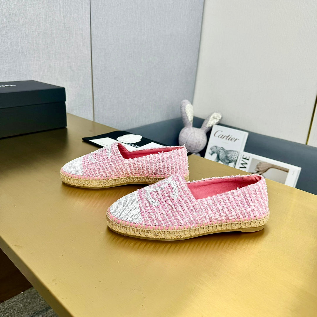 espadrilles pink white tweed cotton white sequin