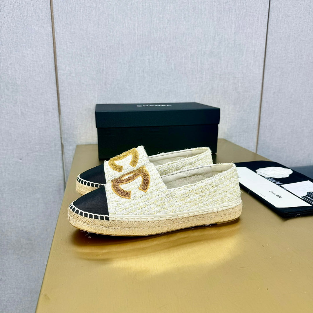 espadrilles yellow white tweed black grosgrain