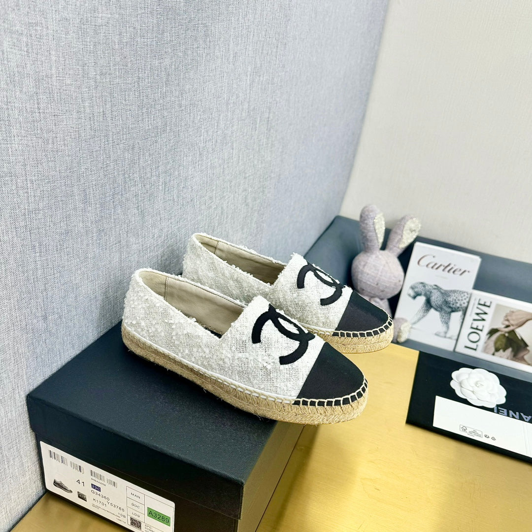 espadrilles white tweed cotton black grosgrain