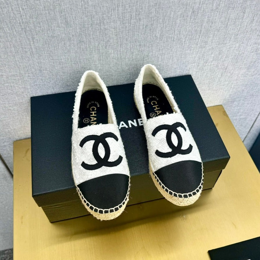 espadrilles white tweed cotton black grosgrain