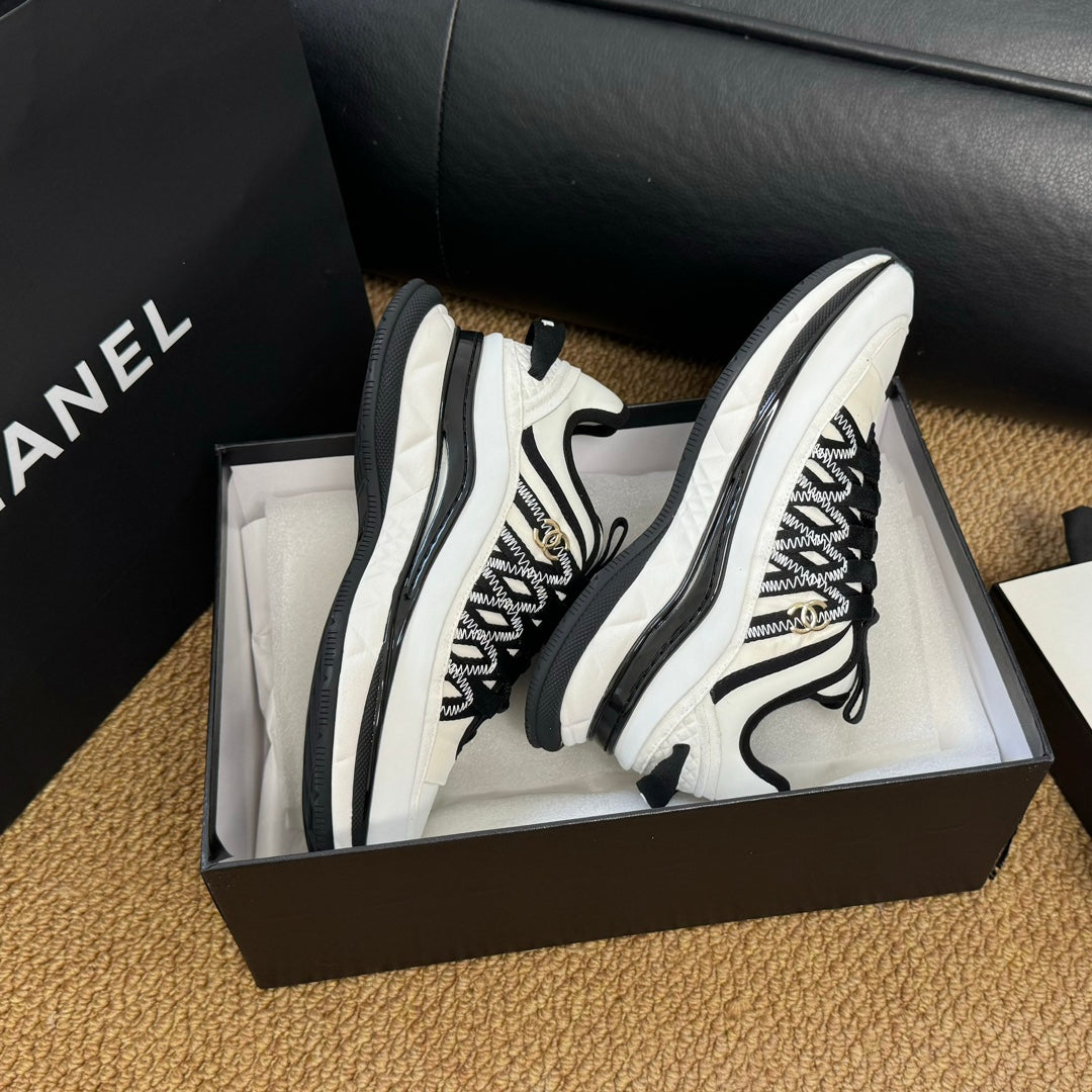 CC Sneaker White Mix Black Calfskin And Silk Parachute Fabric 947510