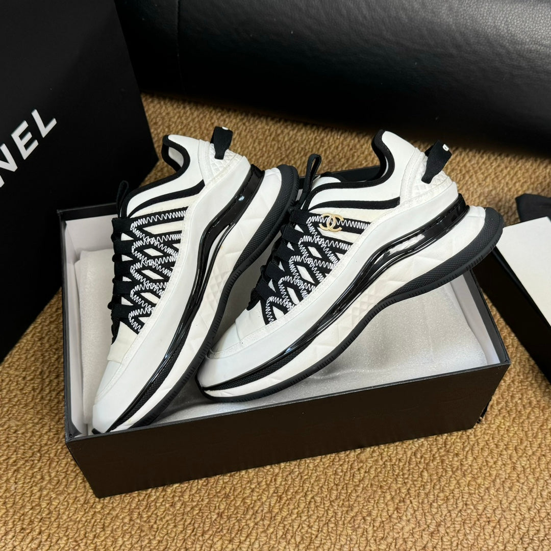 CC Sneaker White Mix Black Calfskin And Silk Parachute Fabric 947510