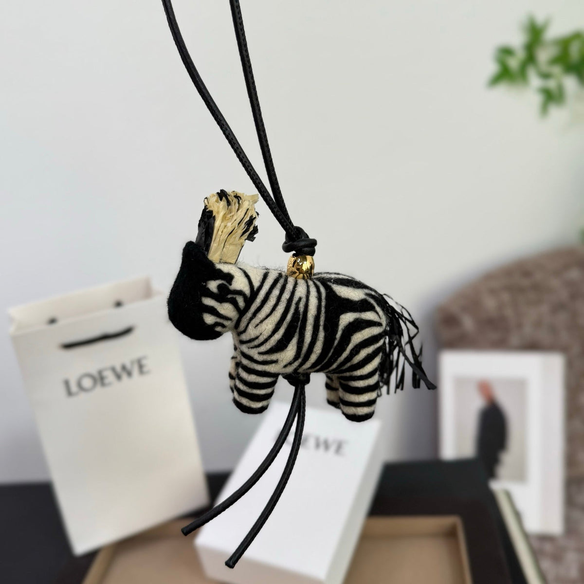 Loewe x Paula's Ibiza Zebra Bag Charm Black And Off-white Raffia Leather