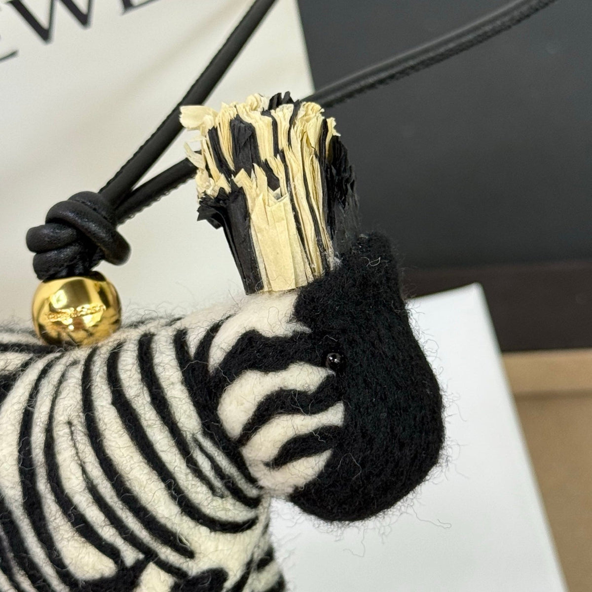 Loewe x Paula's Ibiza Zebra Bag Charm Black And Off-white Raffia Leather