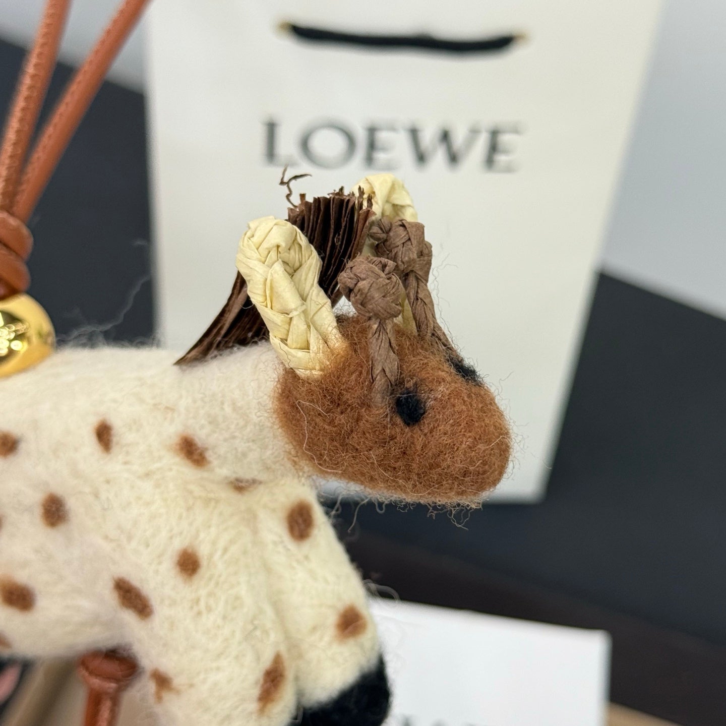 Loewe x Paula's Ibiza Giraffe Bag Charm Brown And Off-white Raffia Leather