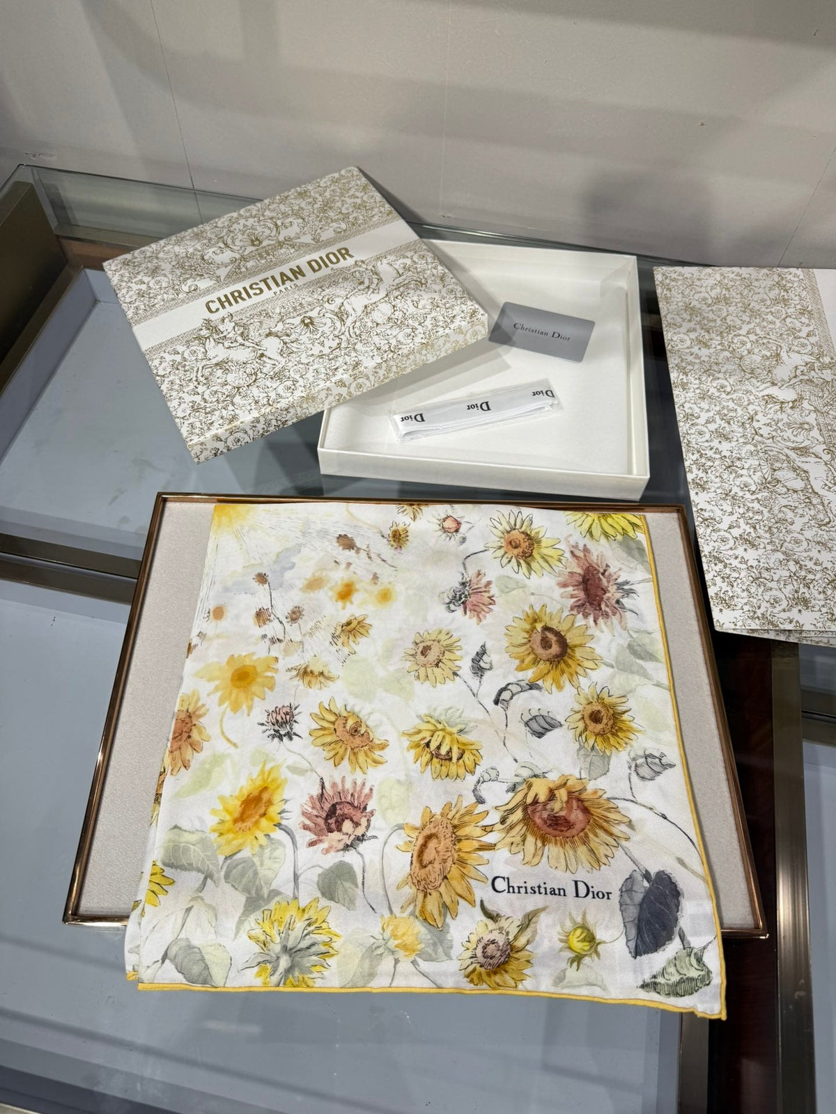 Dior 2026 Sunflower Scarf 70cm White Mix Yellow Silk 186953