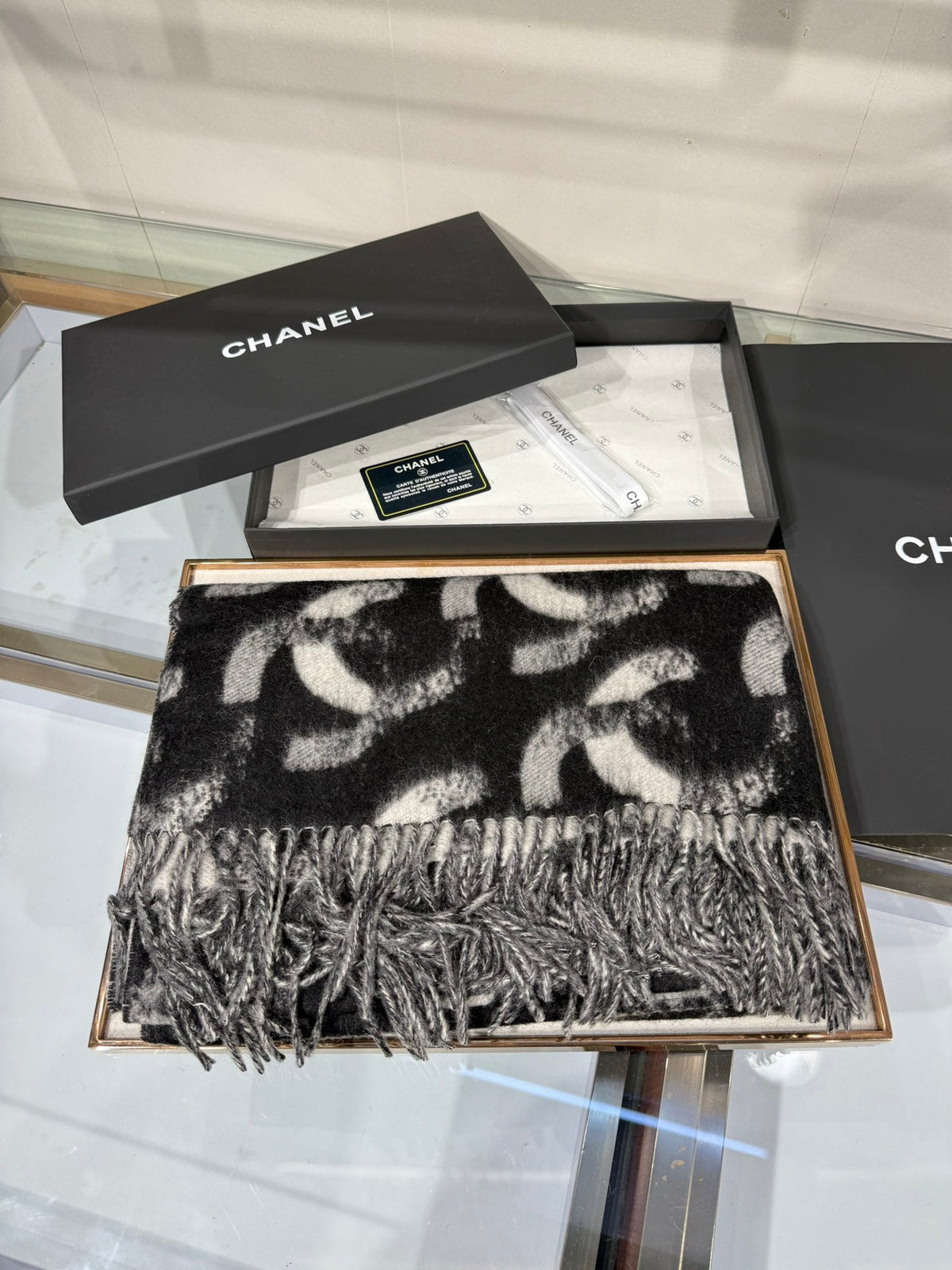 Chanel 2026 Monogram Scarf 200cm Black Cashmere 195606
