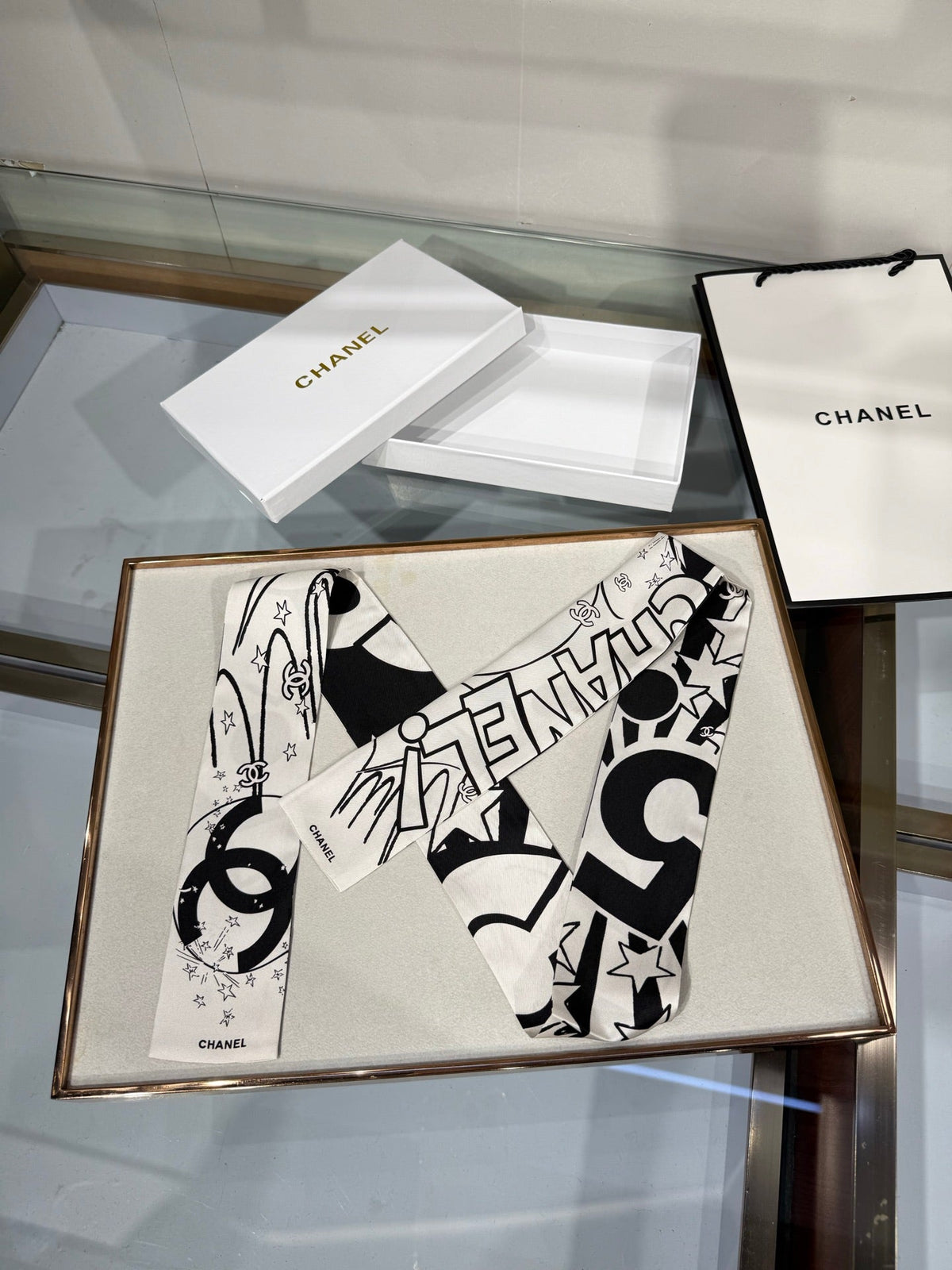 Chanel 2026 Bandeau Scarf 120cm Black White Silk 215591