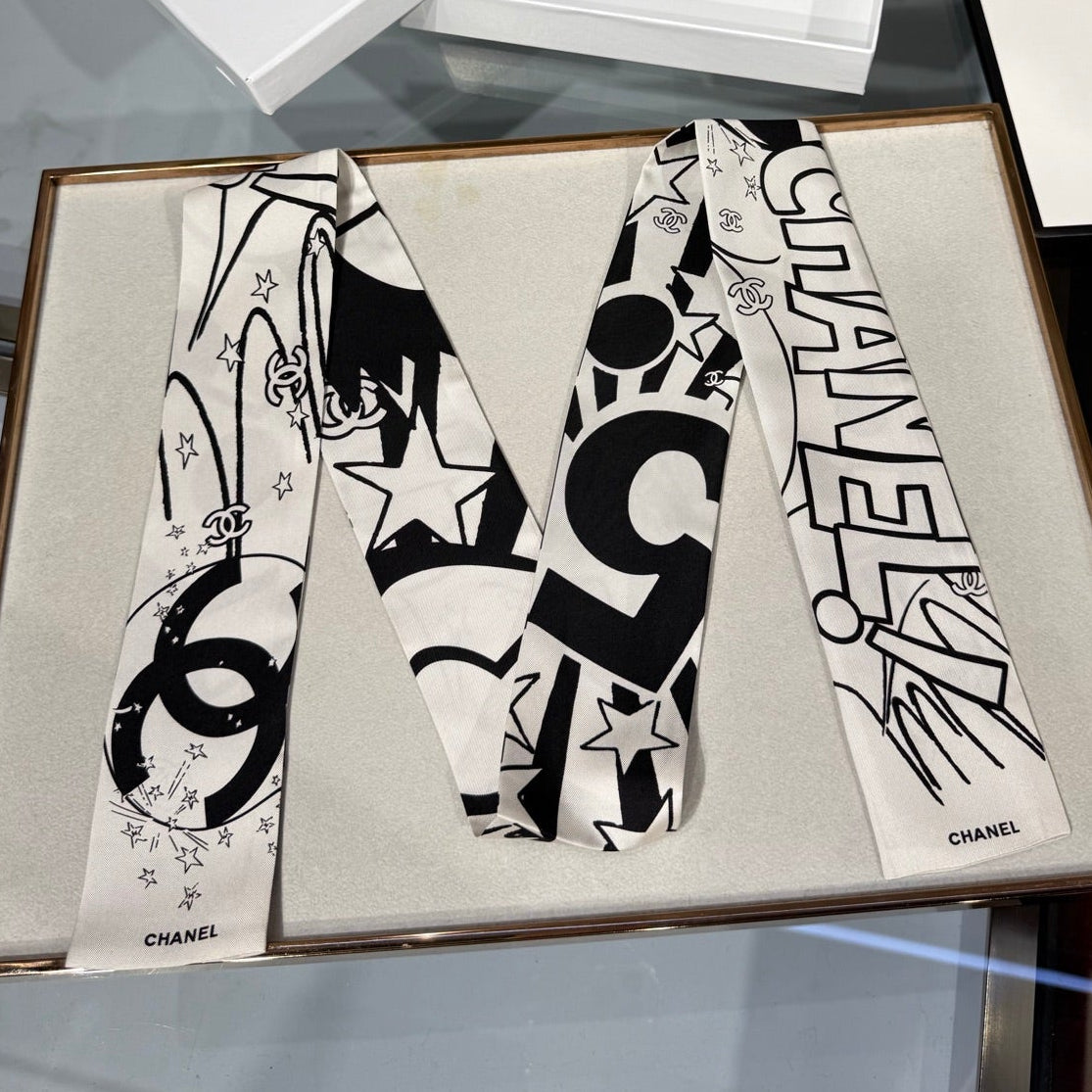 Chanel 2026 Bandeau Scarf 120cm Black White Silk 215591