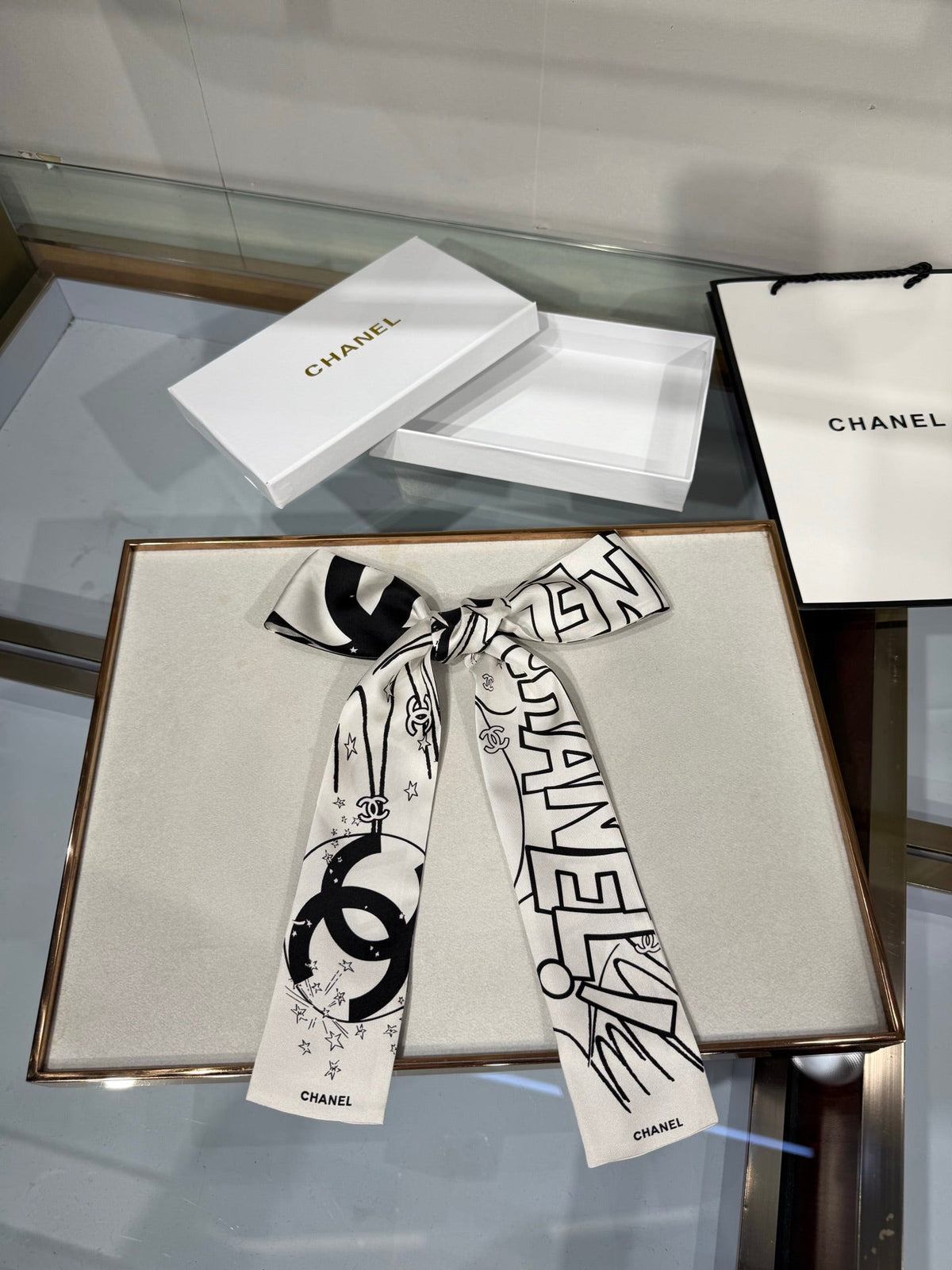 Chanel 2026 Bandeau Scarf 120cm Black White Silk 215591