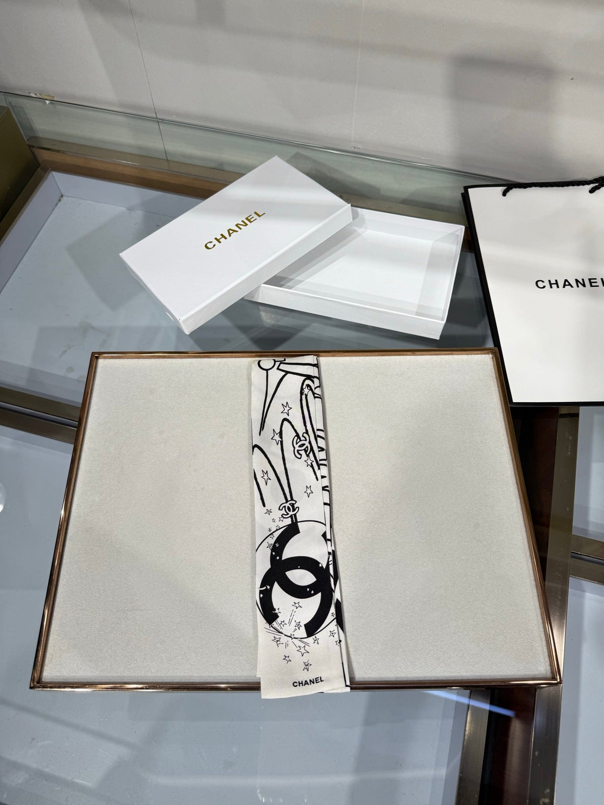 Chanel 2026 Bandeau Scarf 120cm Black White Silk 215591