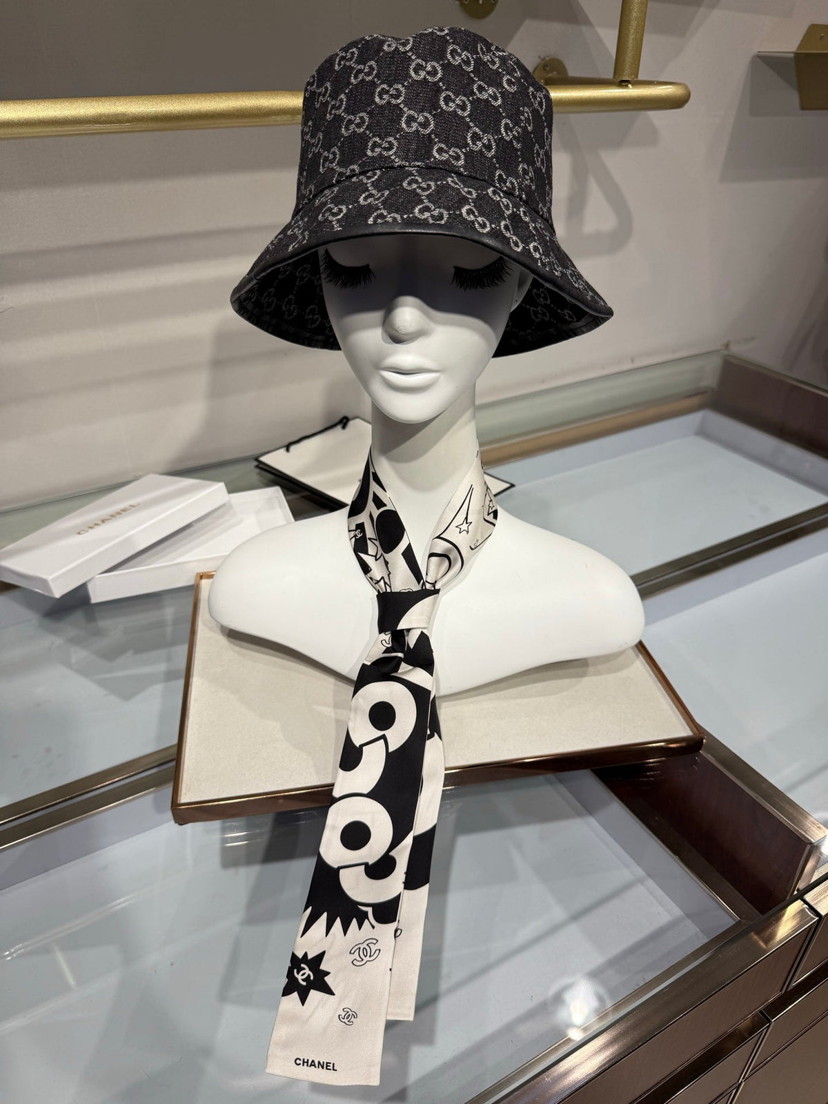 Chanel 2026 Bandeau Scarf 120cm Black White Silk 215591