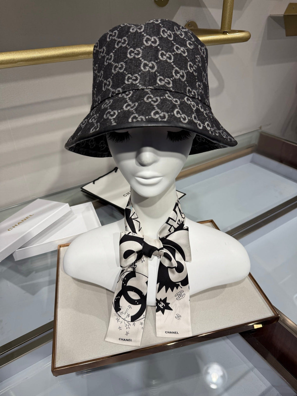 Chanel 2026 Bandeau Scarf 120cm Black White Silk 215591