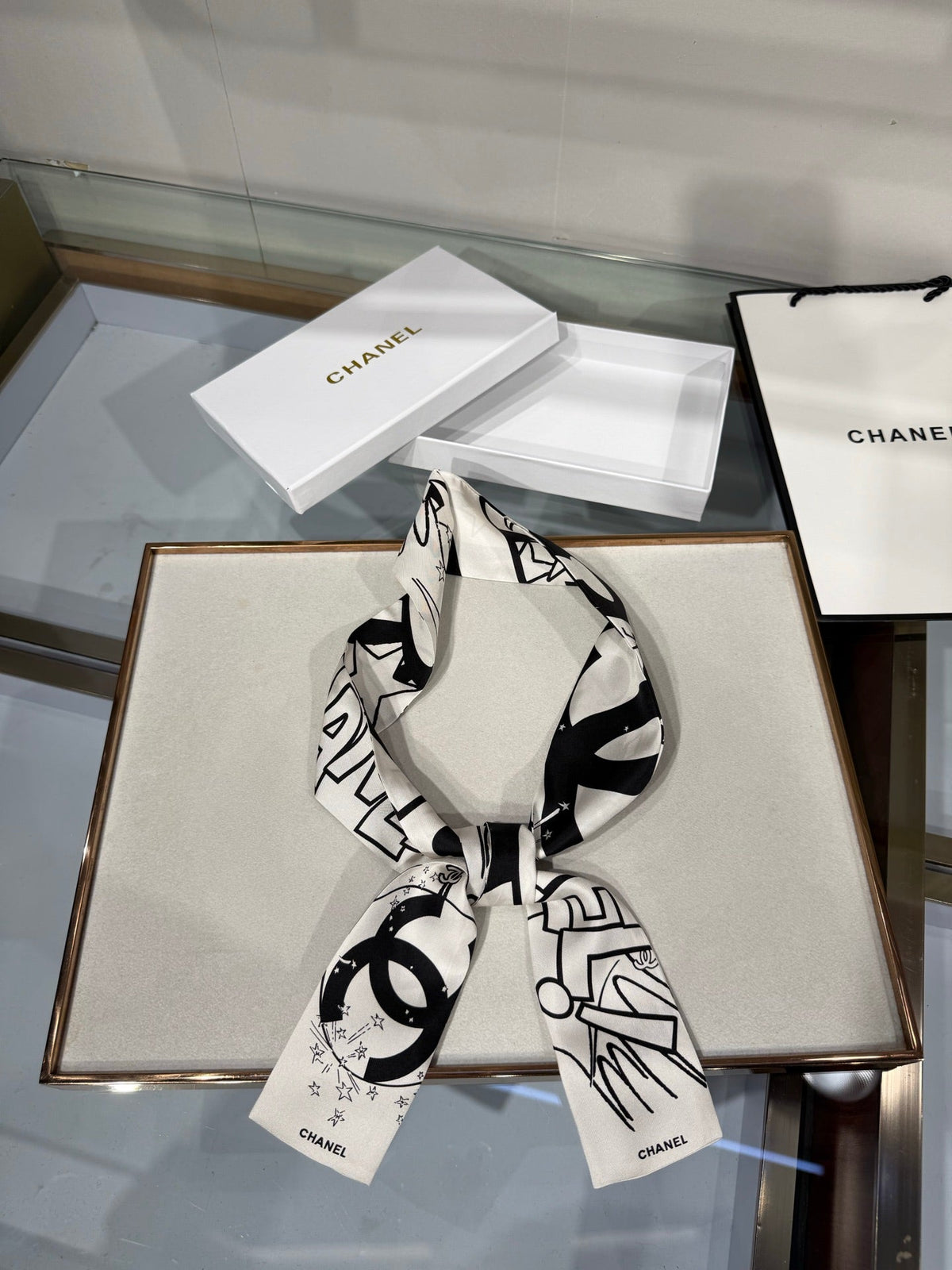 Chanel 2026 Bandeau Scarf 120cm Black White Silk 215591