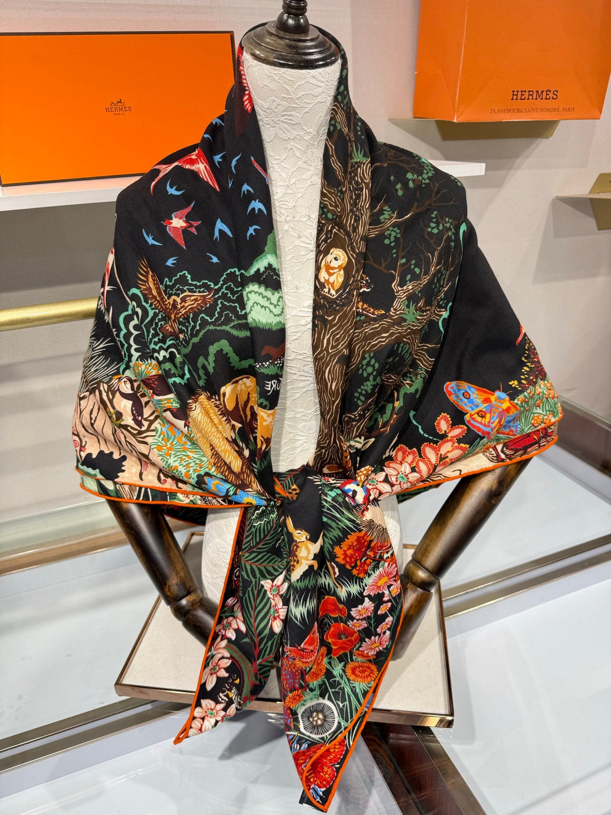 Hermes 2026 Rewilding Nature Scarf 140cm Black Cashmere Silk 217524