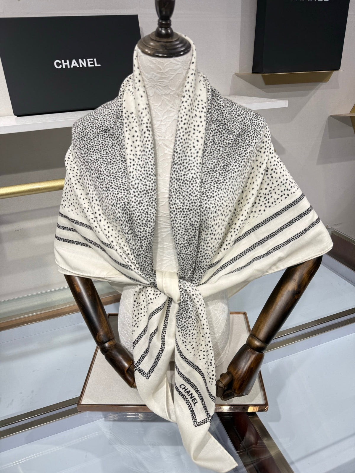 Chanel 2026 Polka Dot Scarf 140cm Black White Cashmere And Silk 217763