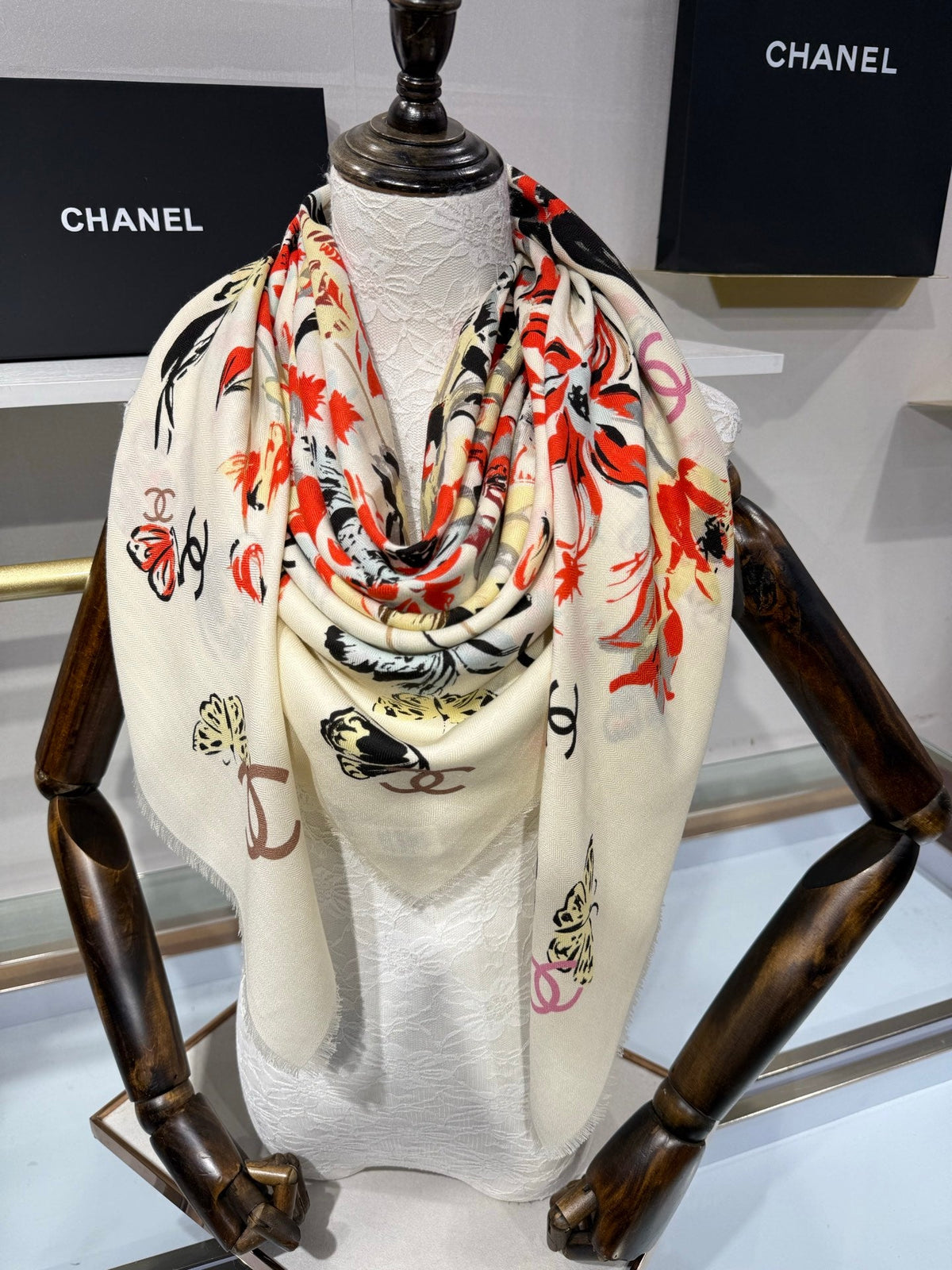 Chanel 2026 Square Scarf 140cm Red White Cashmere Silk 218853