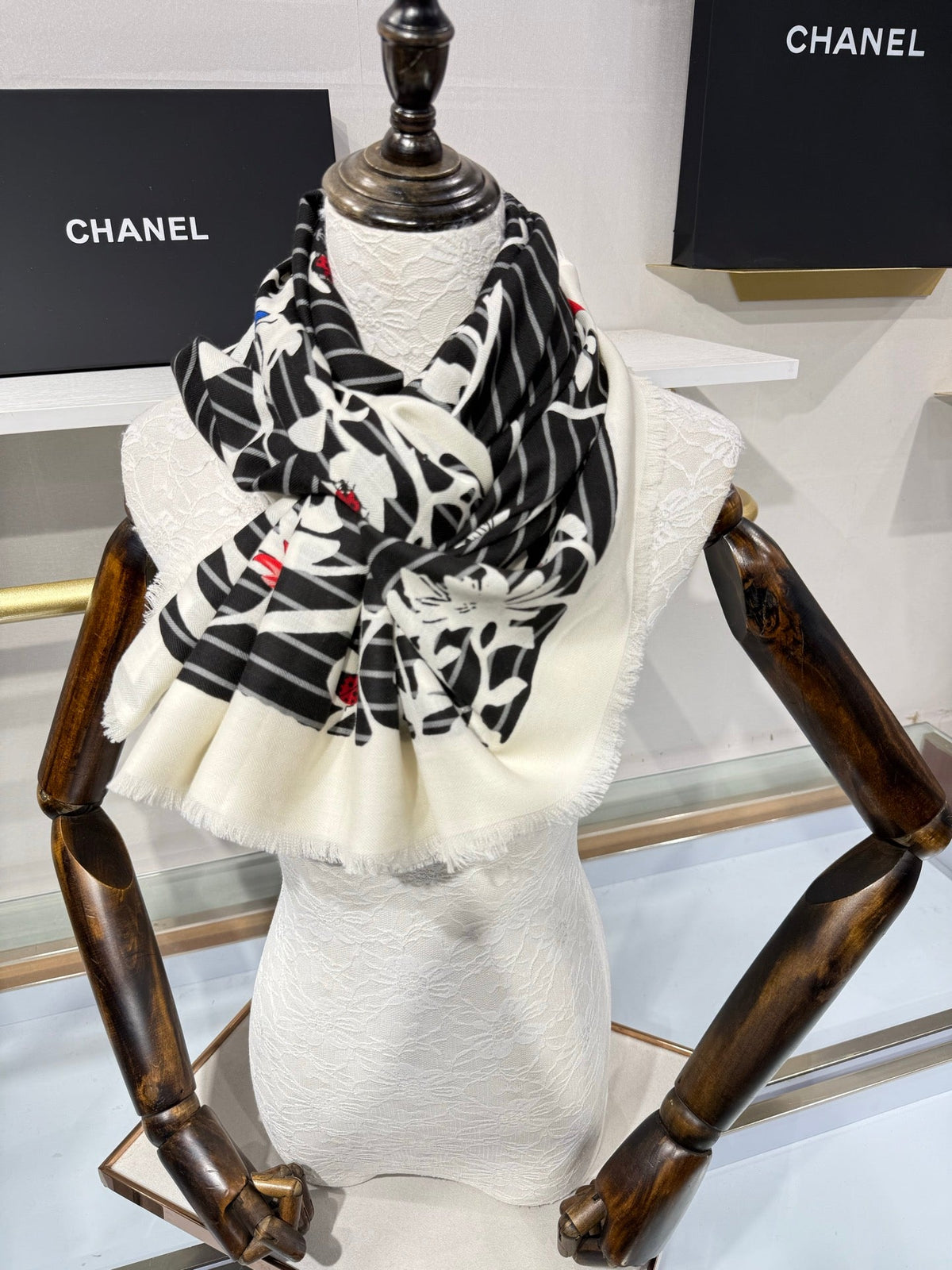 Chanel 2026 Floral Square Scarf 140cm Black Cashmere Silk 218856