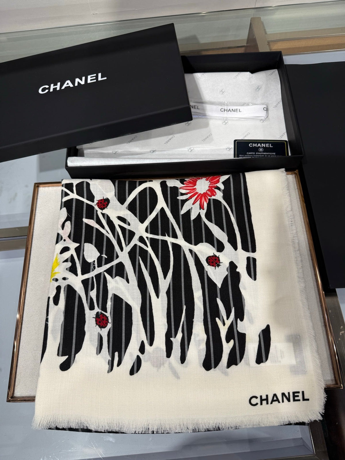 Chanel 2026 Floral Square Scarf 140cm Black Cashmere Silk 218856