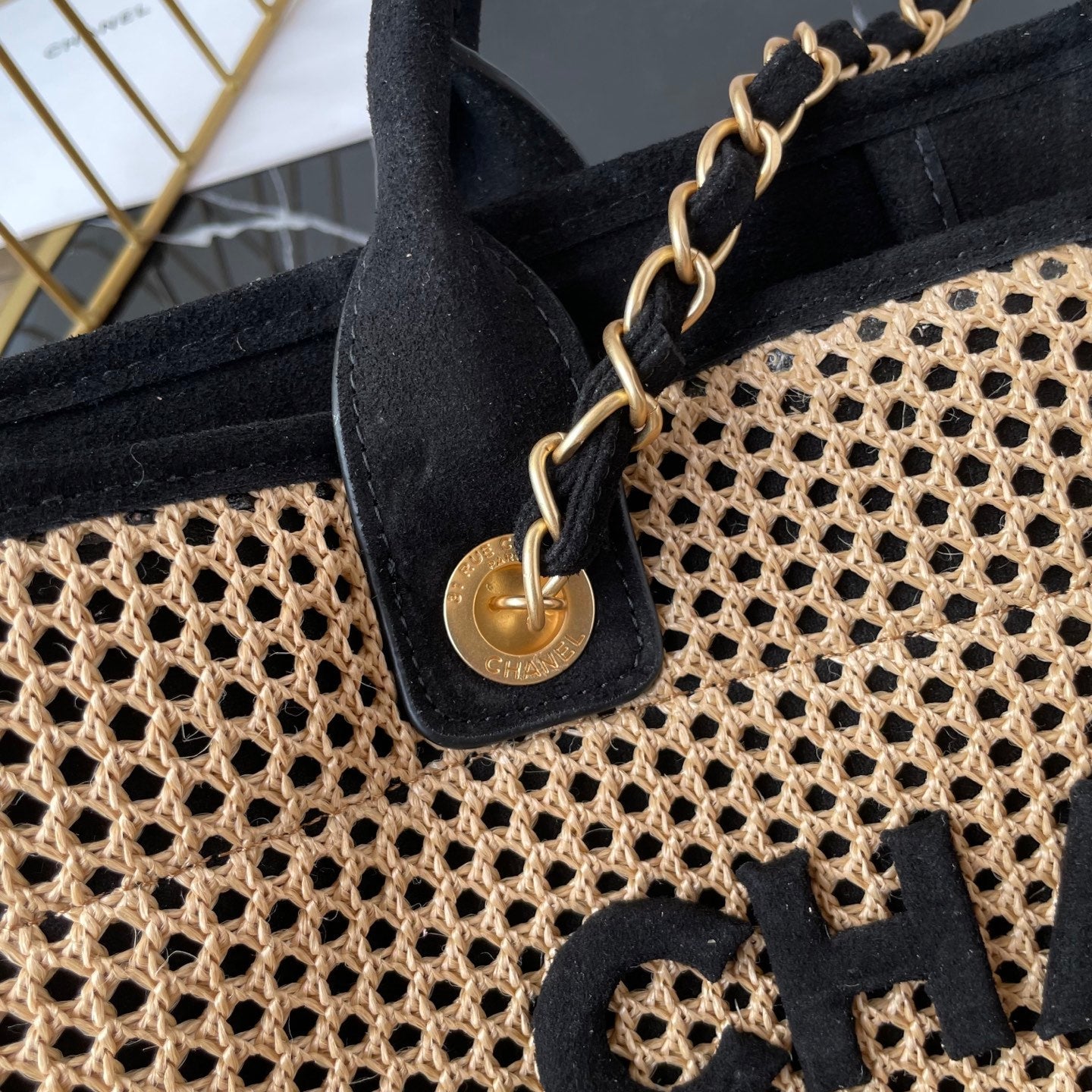 CC 25 Deauville Tote Bag 38cm Beige Black Crochet Suede