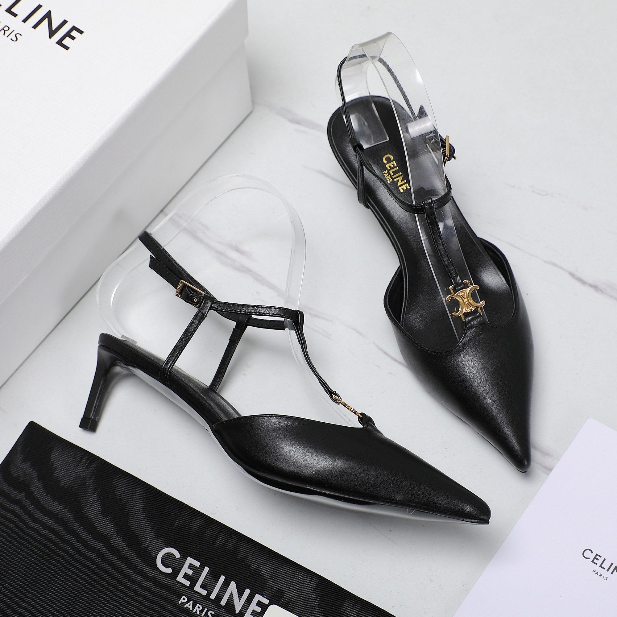 HIGH 5 CM SLINGBACK IN BLACK CALFSKIN WITH GOLD LOGO