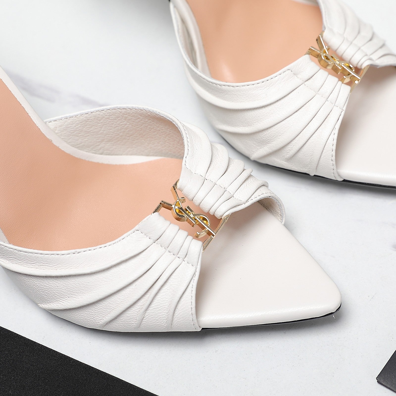 SL BABYLONE MULES 10 WHITE SMOOTH CALFSKIN