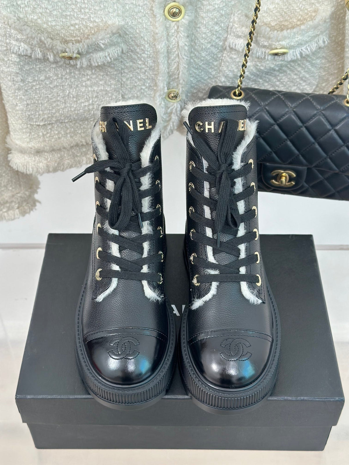 Chanel 2026 Lace-Up Ankle Boots 50mm Leather Wool 188600