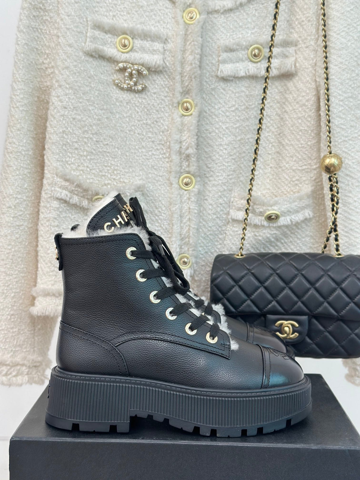 Chanel 2026 Lace-Up Ankle Boots 50mm Leather Wool 188600