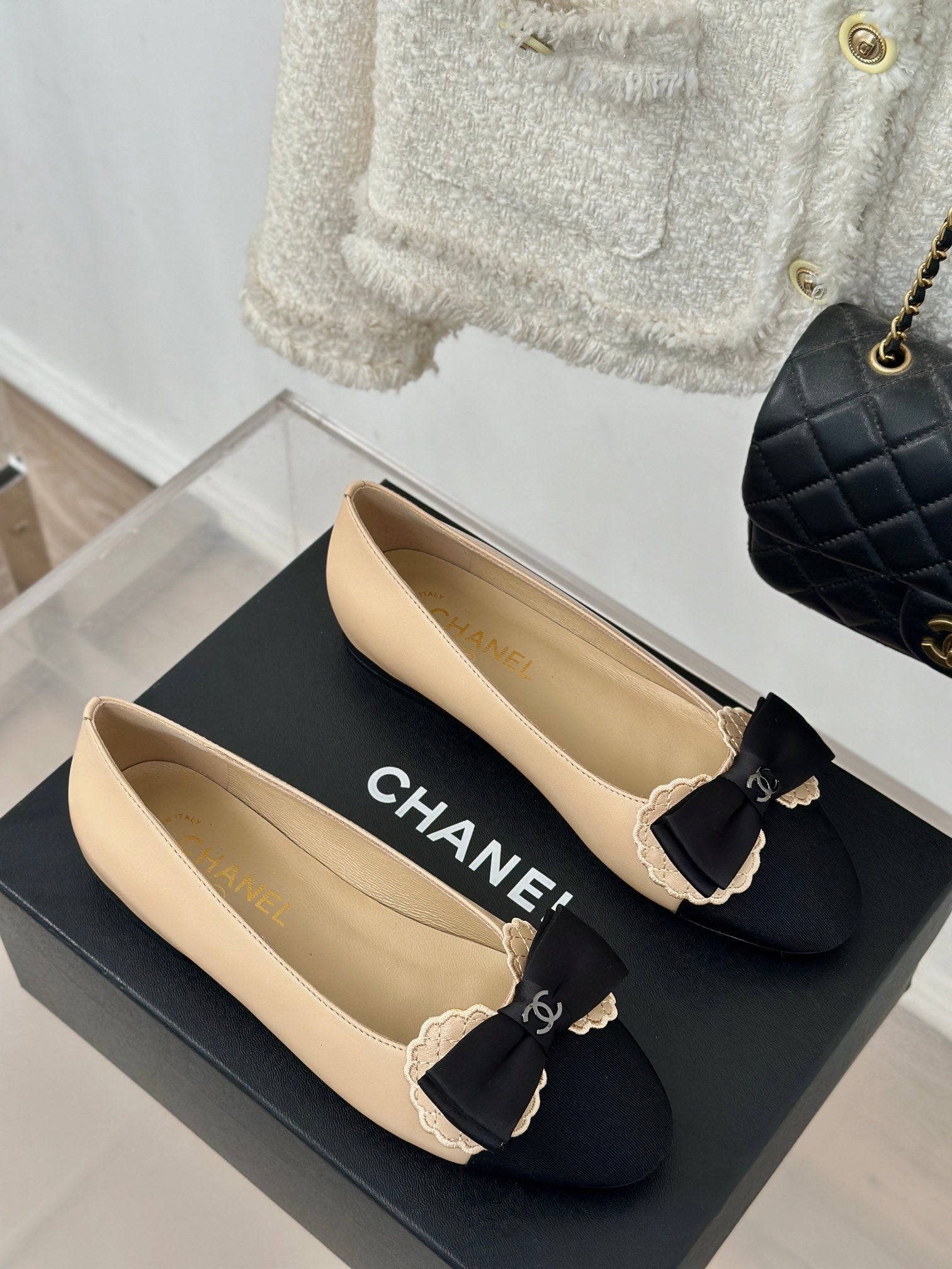 CC Ballet Flats Beige With Bow Lambskin