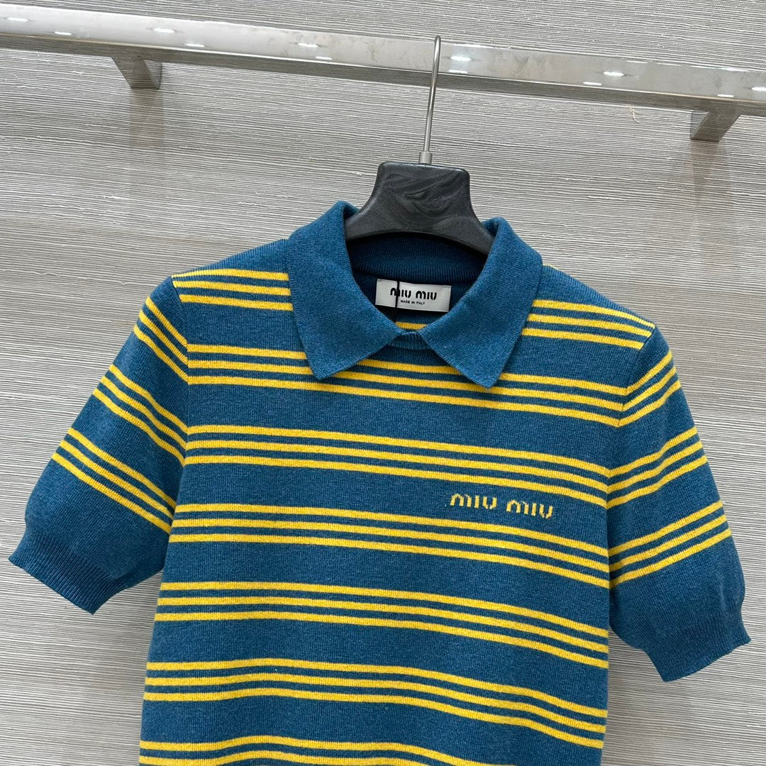 Miu Miu 25 Striped Polo Top Blue Yellow Wool
