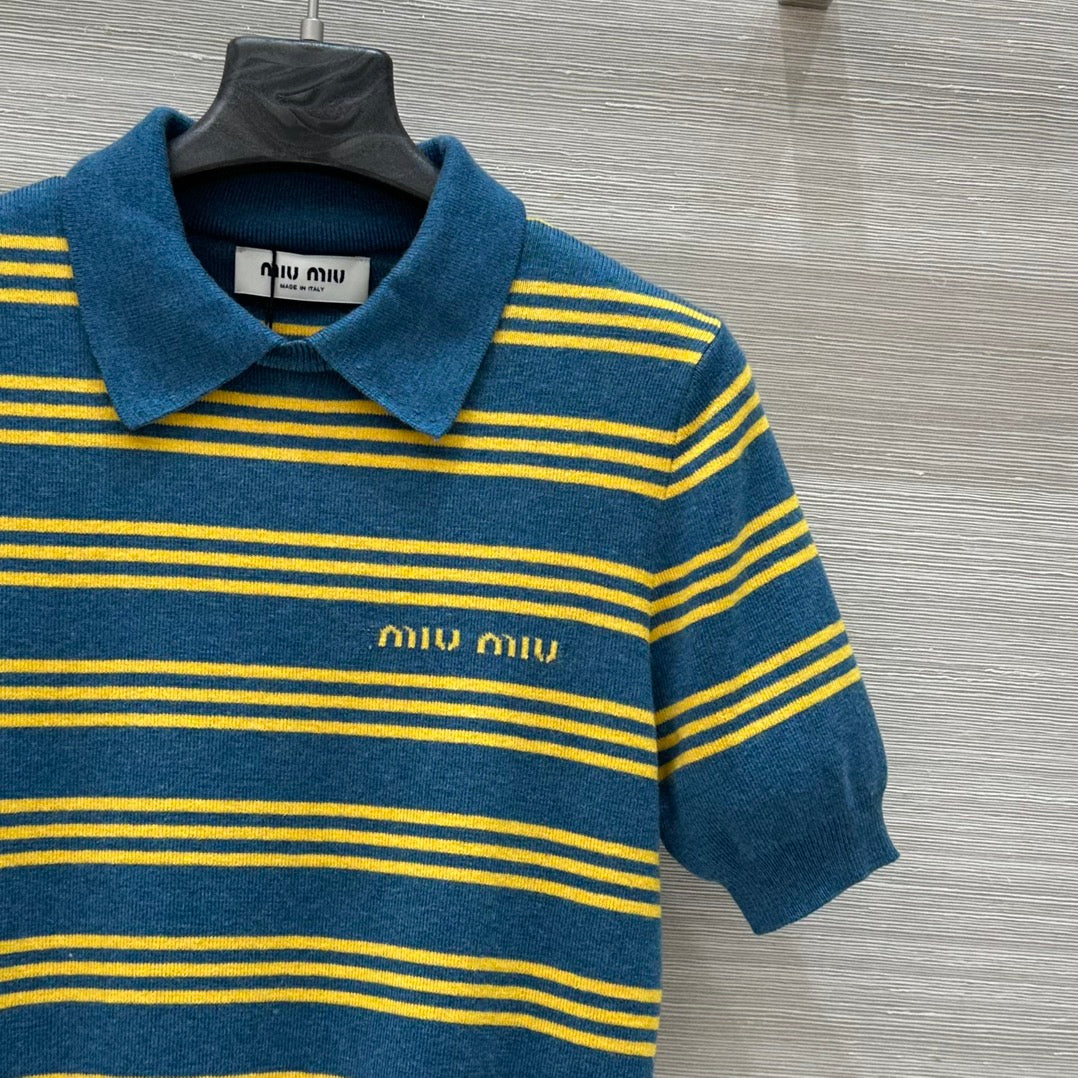 Miu Miu 25 Striped Polo Top Blue Yellow Wool