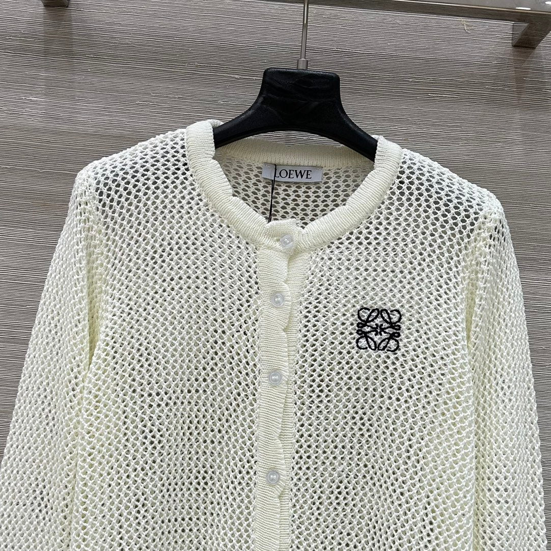 Loewe 25 Mesh Hollow Knitted Cardigan Ivory Wool