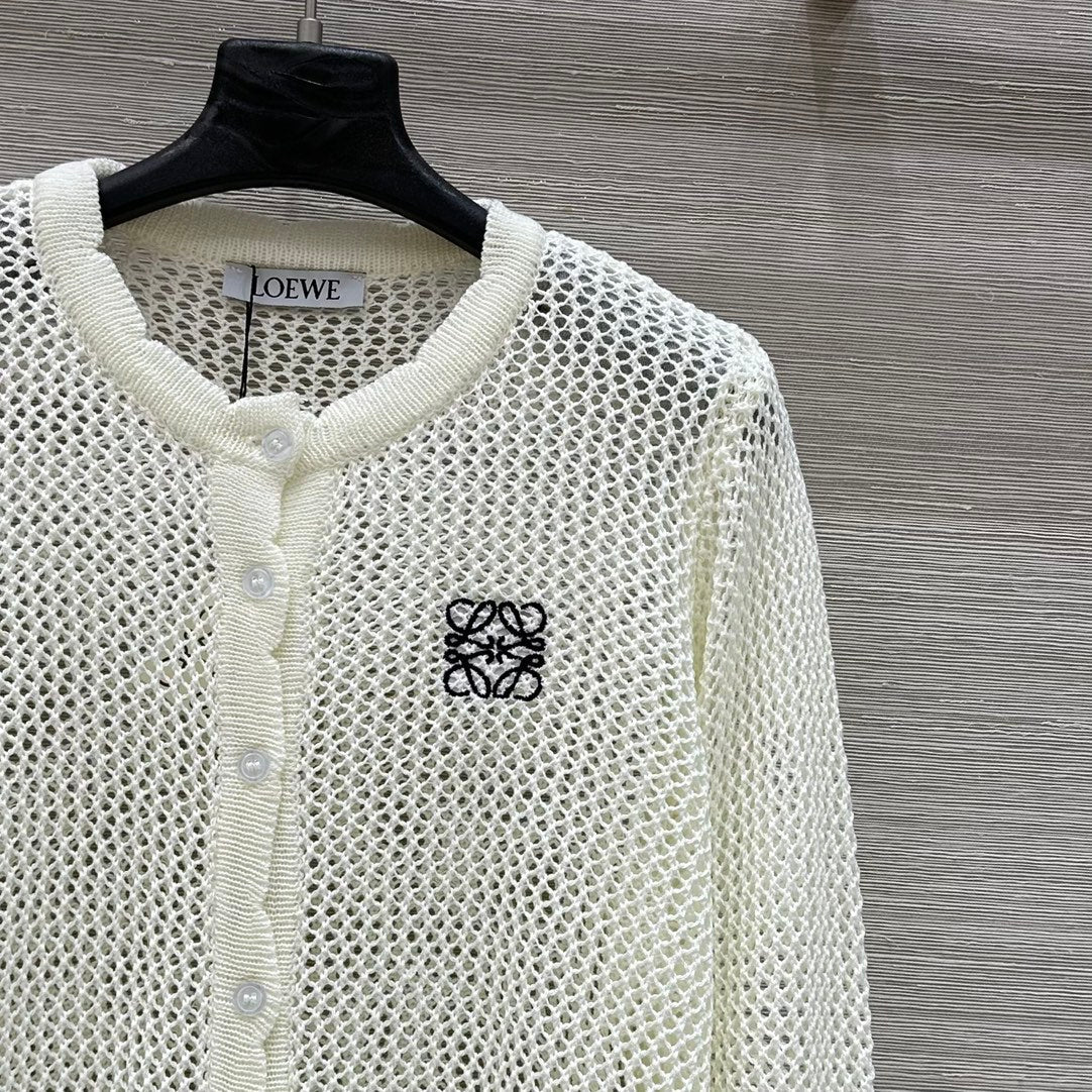 Loewe 25 Mesh Hollow Knitted Cardigan Ivory Wool
